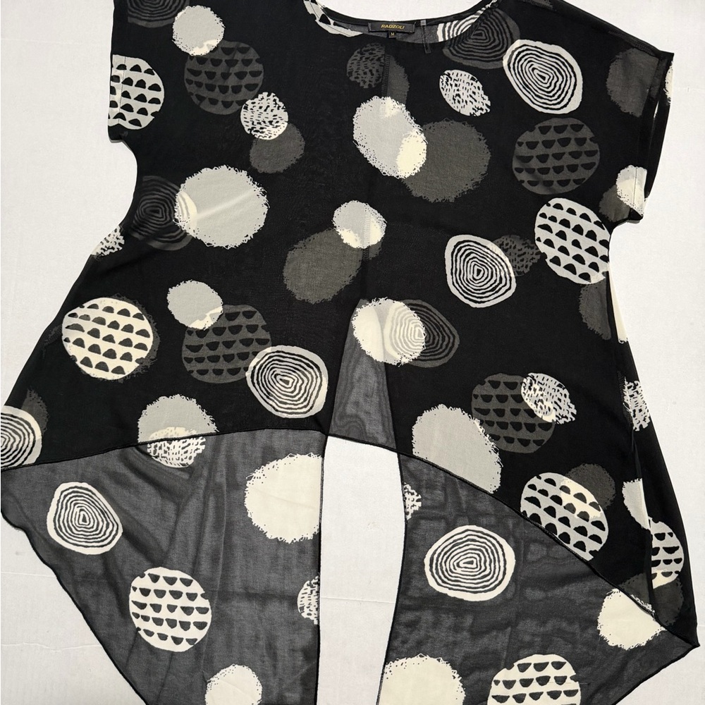 radzoli sheer black&white ss blouse shirt‎ w/long back, women's medium #1395